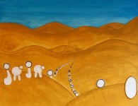 La Caravanne blAnche - Acrylique sur Toile - Deux chemins, depuis toujours séparés, s'unissent à l'horizon. C'est la rencontre de deux vies, la fusion de deux existences dans ce grand désert qui représente paradoxalement la vie...